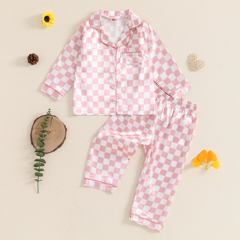 

Little Girls Satin Pajama Sets Long Sleeve Lapel Neck Button-up Tops Elastic Waist Long Pant Checkered Print Loungewear Set