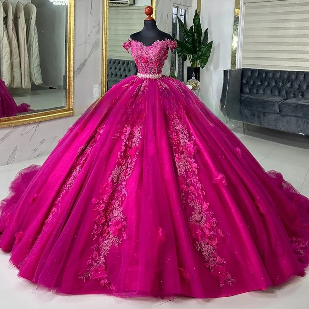 Fuchsia Princess Quinceanera Dresses Ball Gown Off The Shoulder Tulle Appliques Sweet 16 Dresses 15 Años Mexican