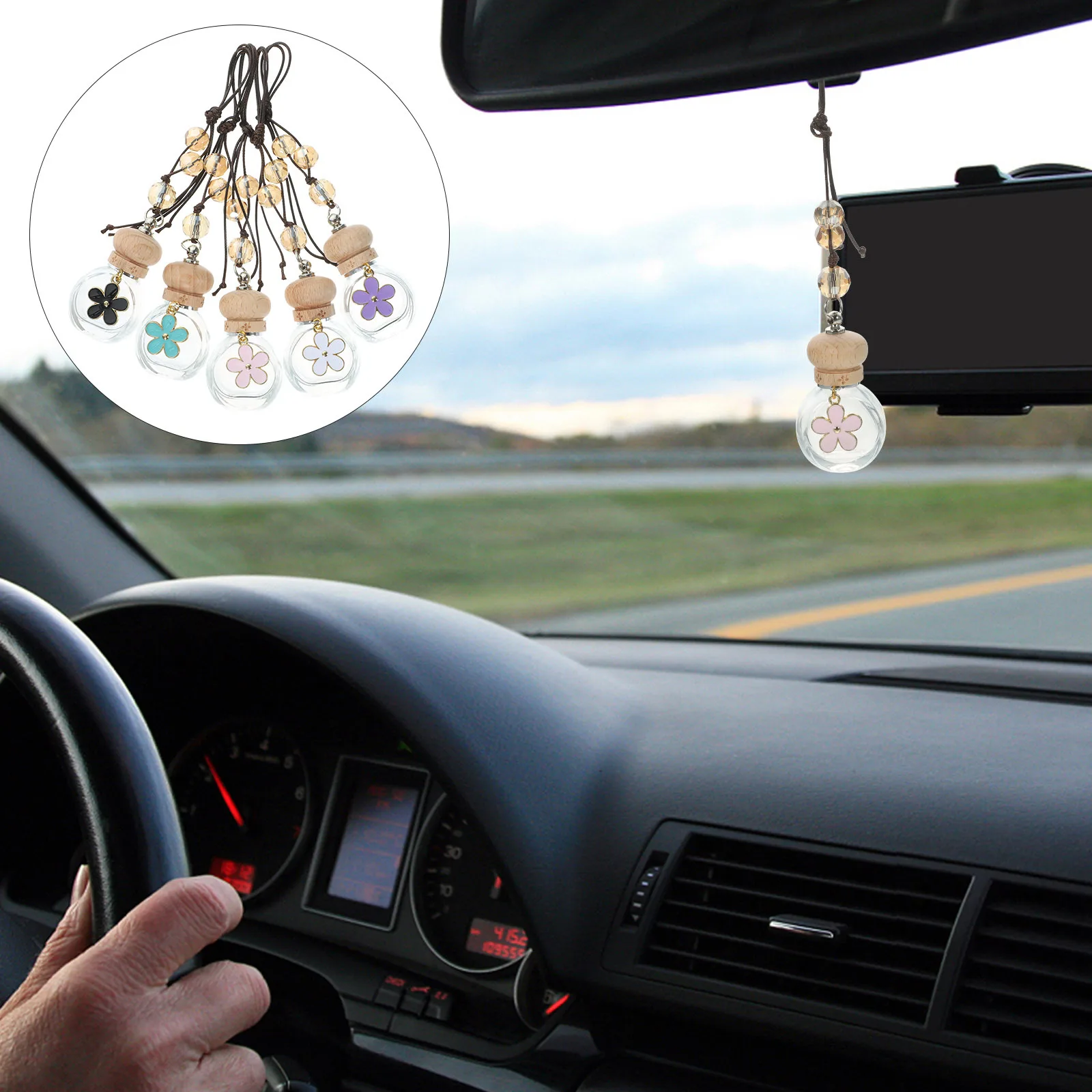 

5pcs Small Daisy Hanging Car Perfume Bottles Refillable Aroma Diffuser For Car Air Freshener Decorative Fragrance Container