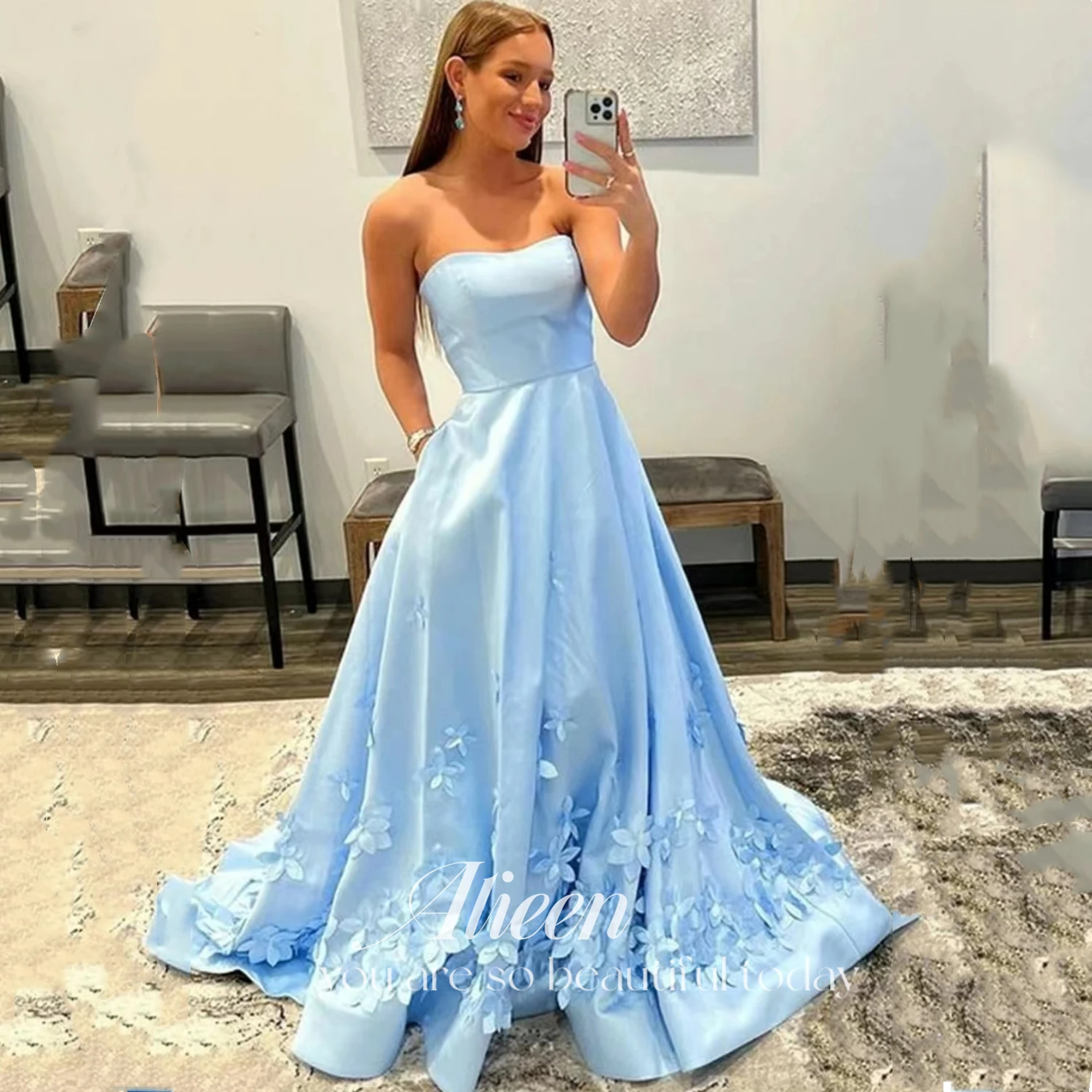 Aileen Sky Blue Party Dress for Wedding Guest Dresses for Women Evening Dress 3D Three-dimensional Flower Satin Strapless Formal