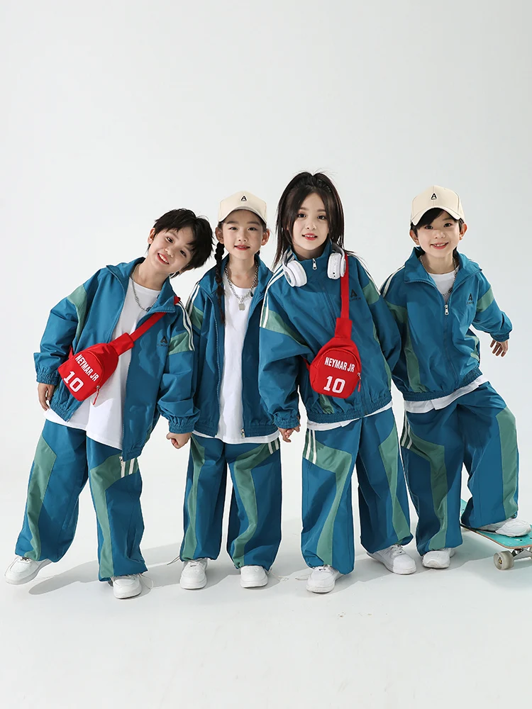 Kpop Jazz Dance Outfit Kids Hip Hop Dance Clothes Blue Loose Tracksuit Cheerleading Costume Street Dance Clothing DL11046