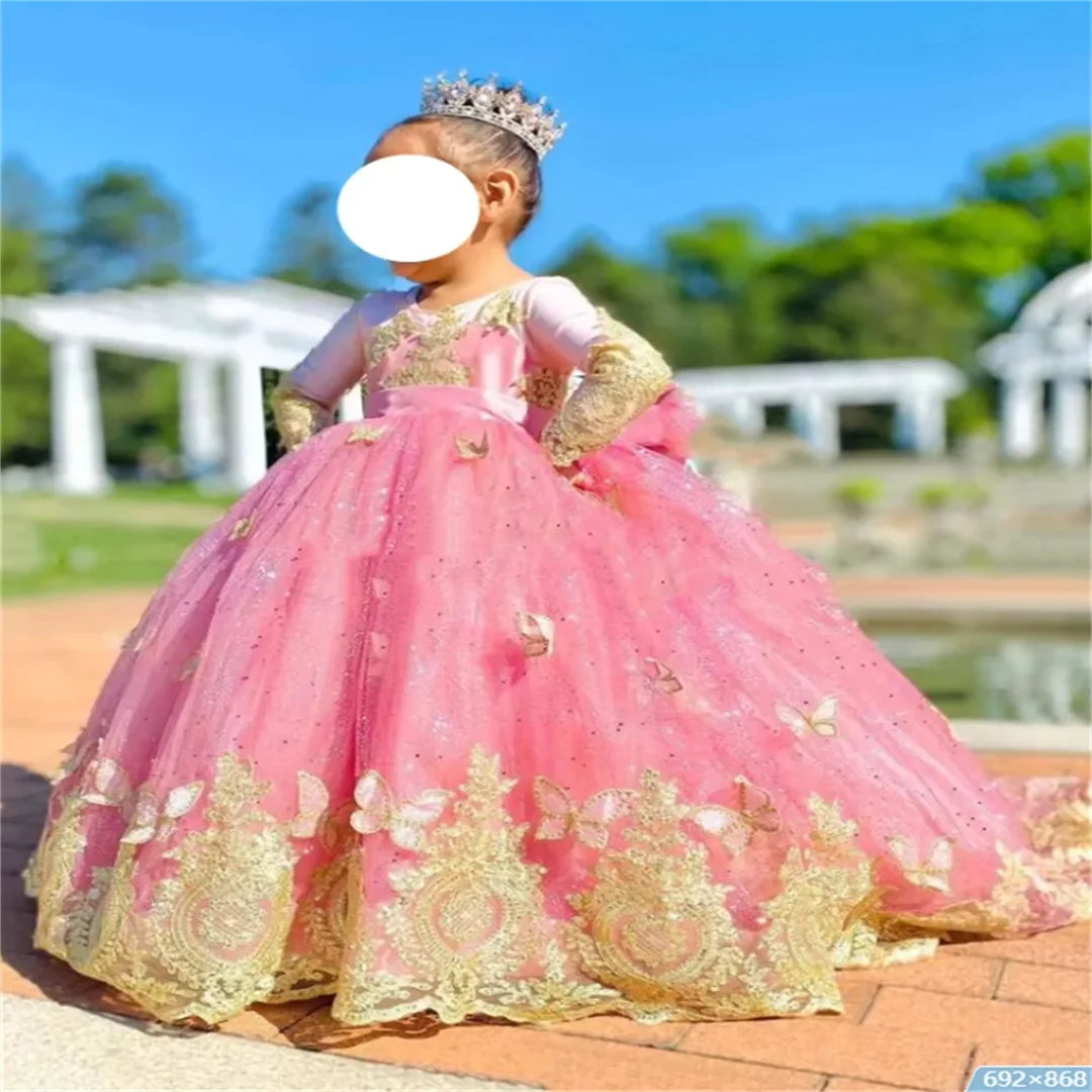 Vestido de manga larga con cuello redondo para niña, vestido de flores con lazo, apliques hinchados elegantes, decoración de tul, princesa pequeña, rosa y dorado