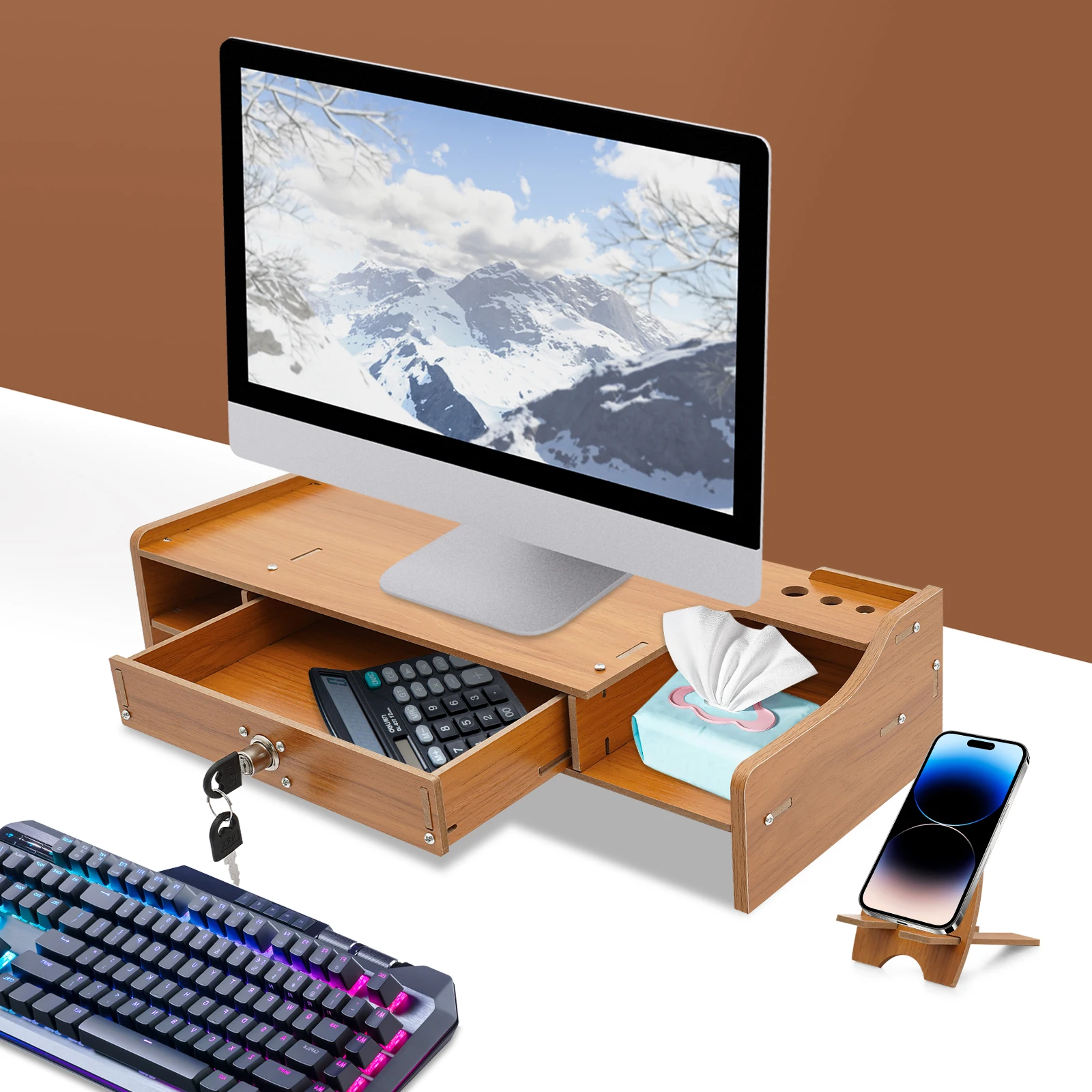 Stand Monitor Komputer 48*20*10.5cm, Rak Komputer dengan Laci yang Dapat Dikunci, Stand Monitor Cocok untuk Rumah, Sekolah, Kantor