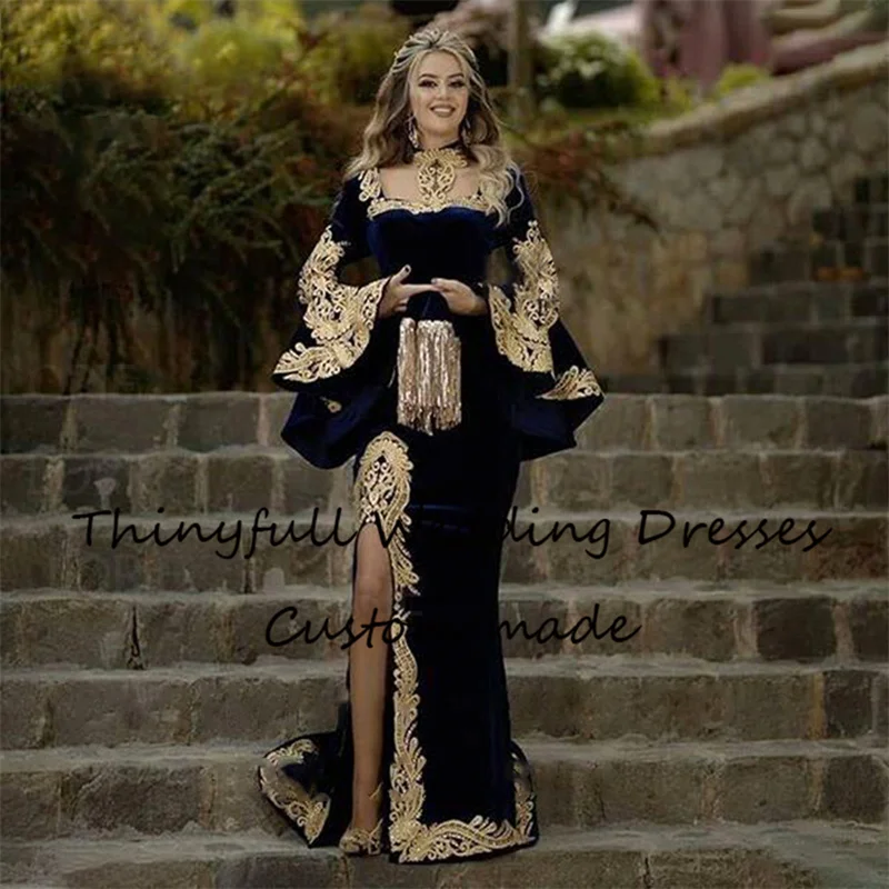 14560#Moroccan Caftan Evening Dress 3 Pieces Remove Skirt Appliques Gold Lace Long Sleeve Mermaid Velvet Prom Celebrity Gowns