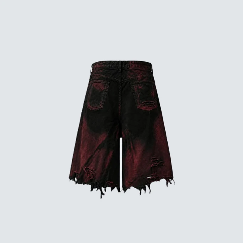 Punk Hip Hop Streetwear Red Washed Vintage Denim Short Front Patchwork Heavy Rips Street Frayed Hem Loose Shorts Men Clothing