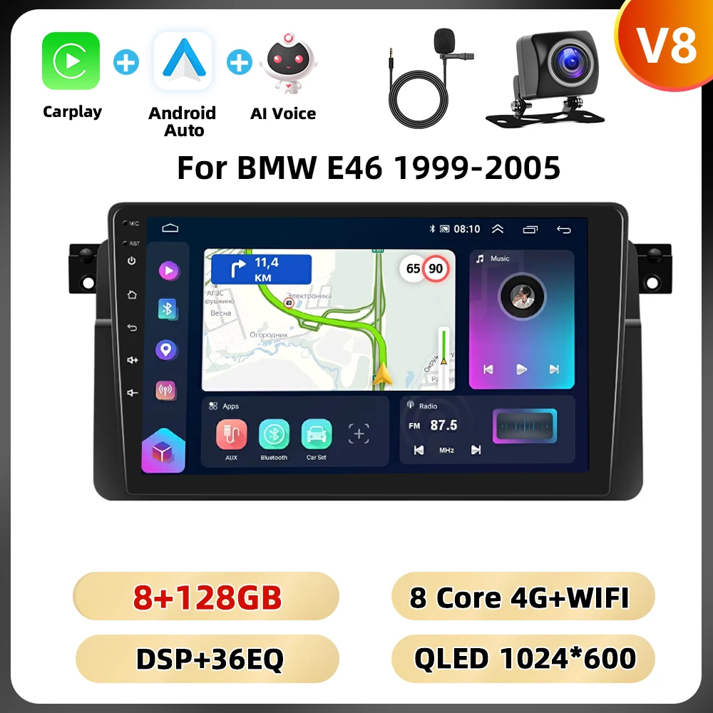 Podofo Carplay Android Auto Radio Voor Bmw E46 1999-2005 Multimedia Speler 8 128G 4G Wifi Ai Voice Spiegel Link Rds Autoradio