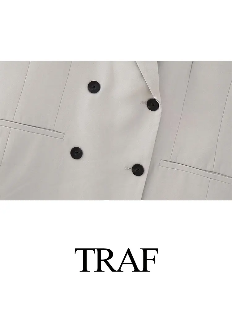 TRAF 2023 Trend Women Fashion Pants Suits Back Slit Lapel Tops + With Button Decoration High Waist Office Lady Casual Long Pants