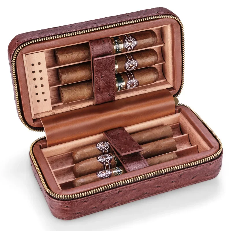 

Spanish Cedar Wood Cigar Humidor Fit For 6pcs With Humidifier Portable Travel Cow Leather Humidor Luxury Cigar Case Box