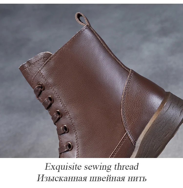 DRKANOL Frauen Echtes Leder Kurze Stiefel Runde Kappe Aus Echtem Leder Handgemachte Retro Street Style Winter Warme Wohnungen Stiefeletten – Detail 17