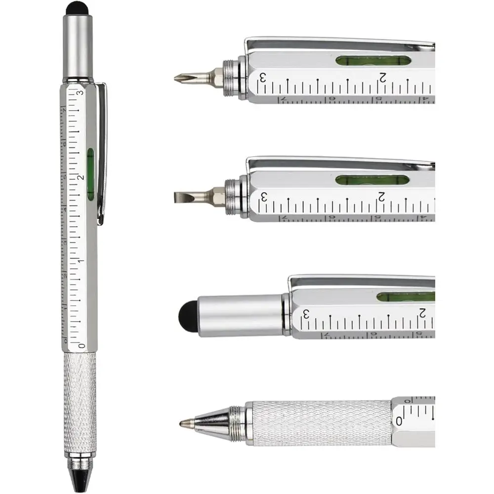 

6-in-1 Multi-Tool Stylus Pen - Silver, with Screwdriver, Black Ink, Stylus, Level, Ruler