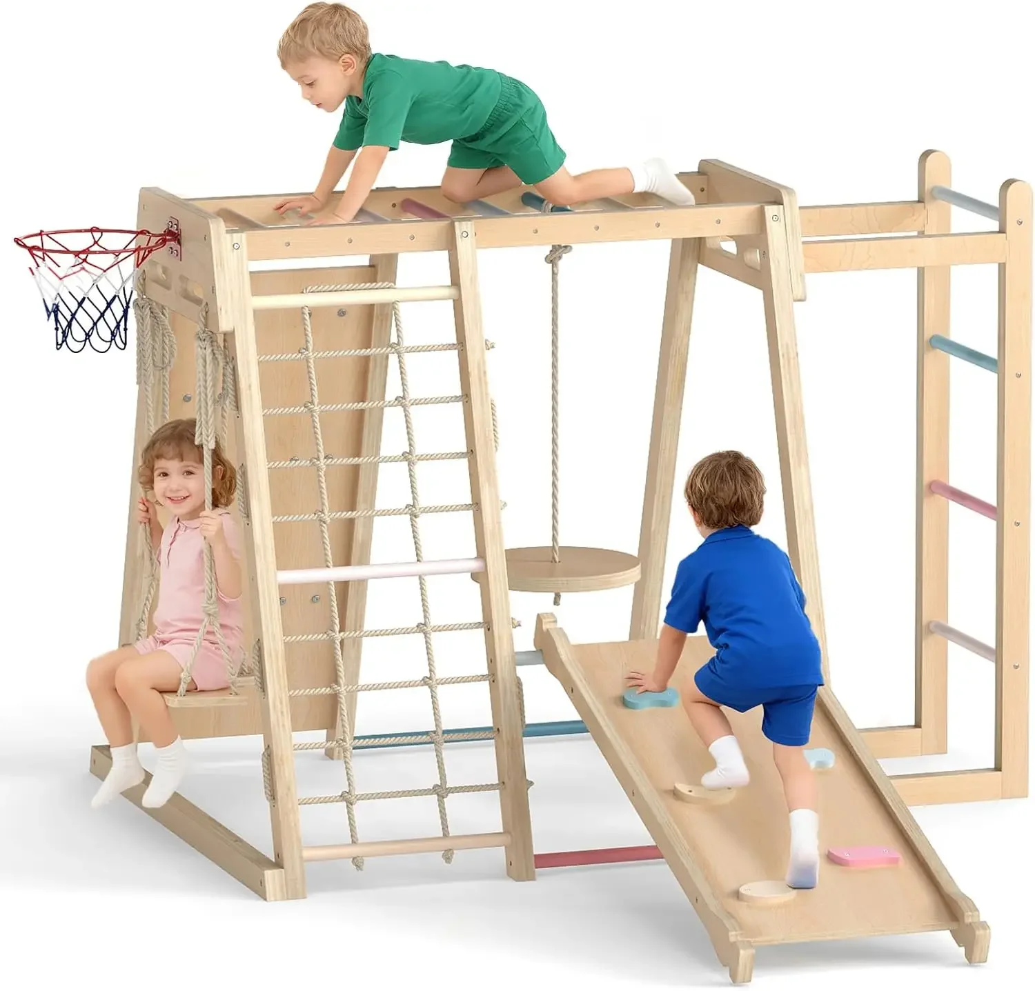 Indoor Jungle Gym, 9 in 1 Wooden Montessori Baby Climbing Toys with Adjustable 2 Swings Ramp, Monkey Bar Basketball Hoop Ladder
