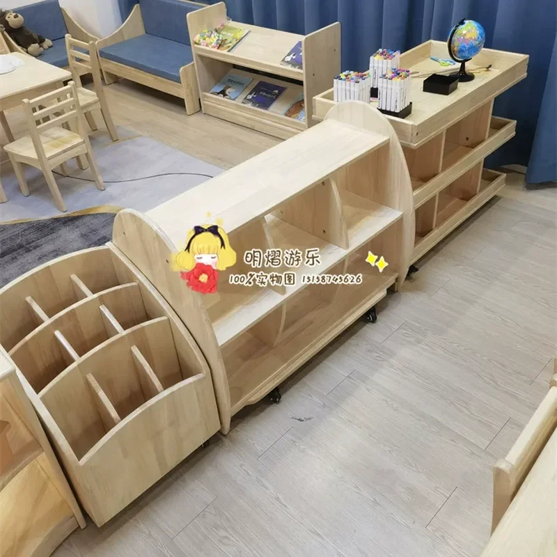 2026 High-end kindergarten white oak solid wood art cabinet movable art desk art paper tube storage cabinet multi-function