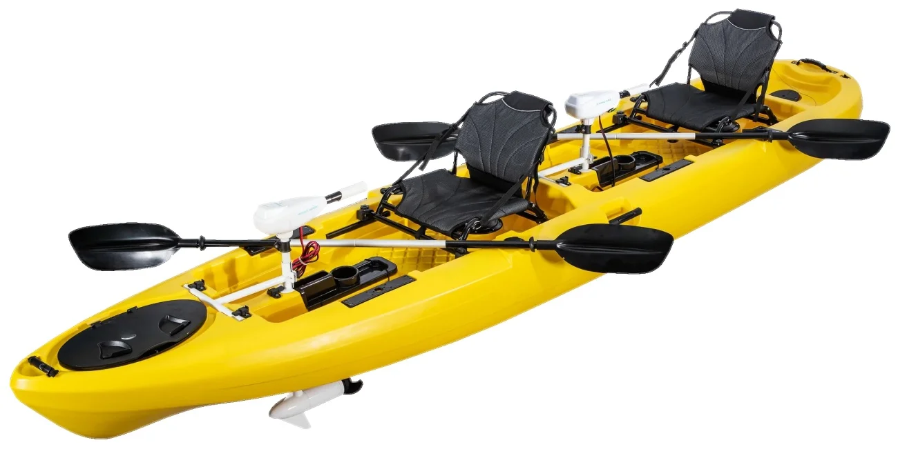 Pedal Kayak panggang HDPE ganda 14 kaki, Pedal Kayak memancing Tandem dengan sistem Pedal atau Motor 2 orang 2 tempat duduk