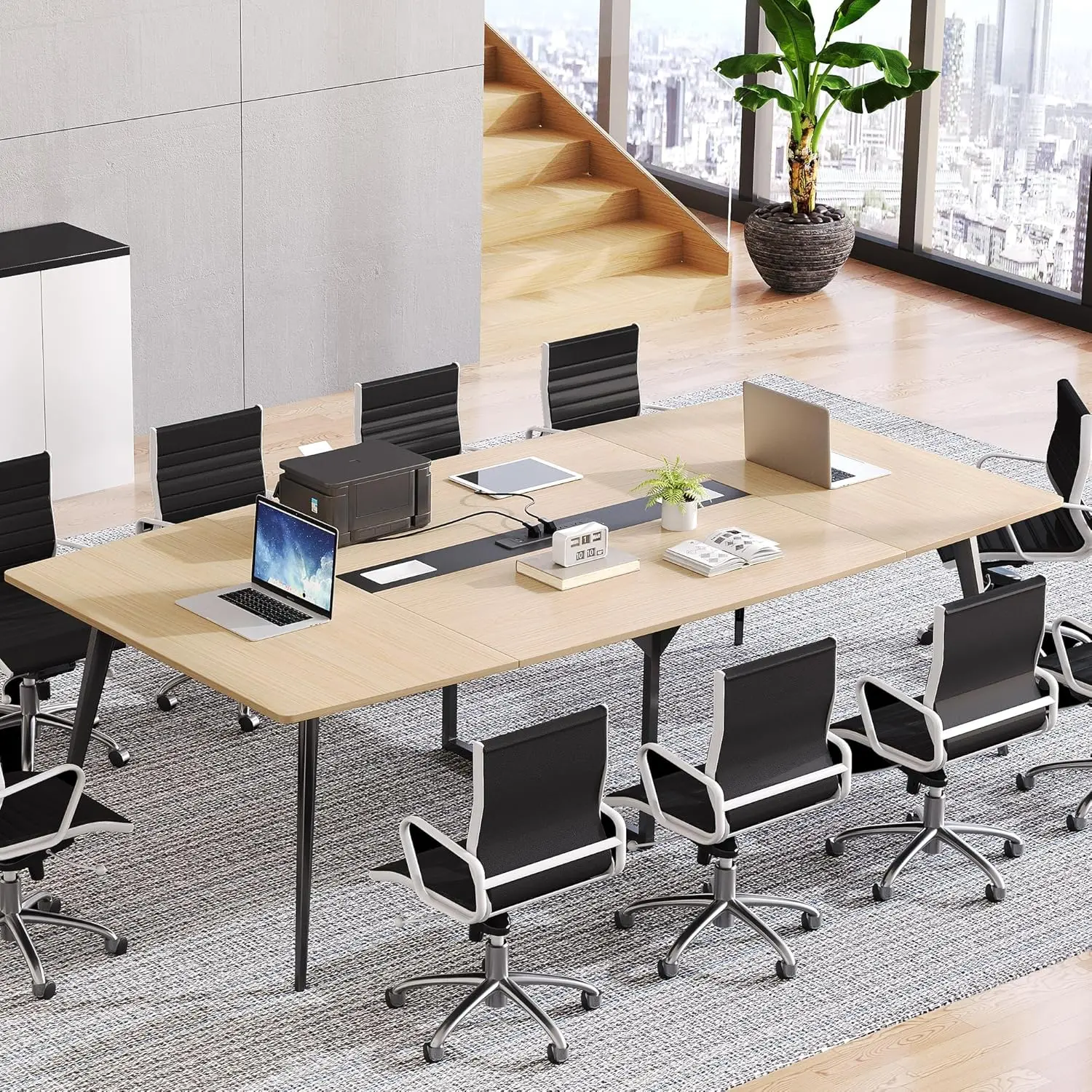 8FT Conference Table with Power Outlets, 94.5" Meeting Table with Rectangle Grommet, Boat Shaped Seminar Boardroom Table