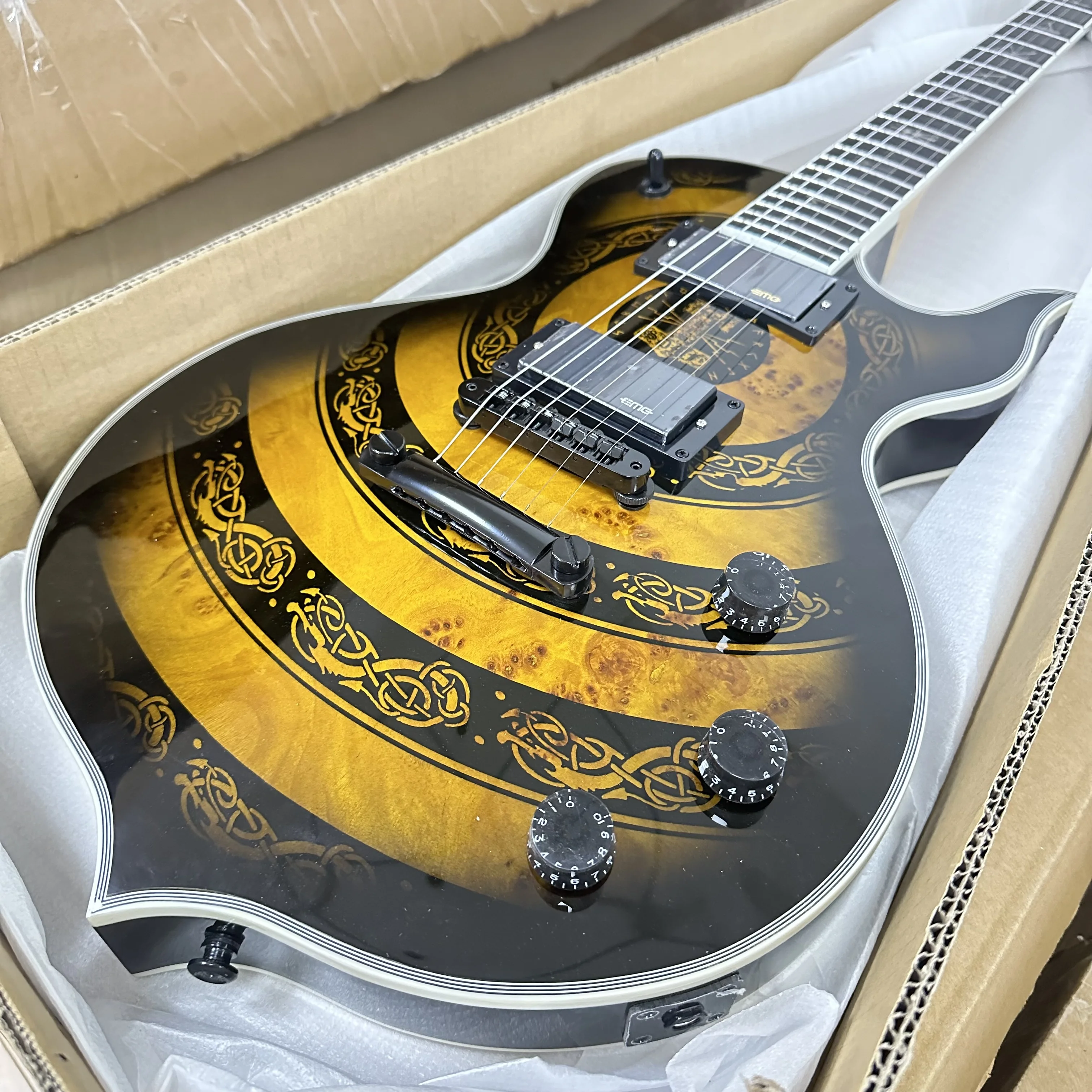 US Warehouse Electric Guitar Black Gold Burst Burl Maple Top Graphic Dual Active Humbucker Pickups Black Hardware Fixed Bridge Heavy Metal Guitar In Stock