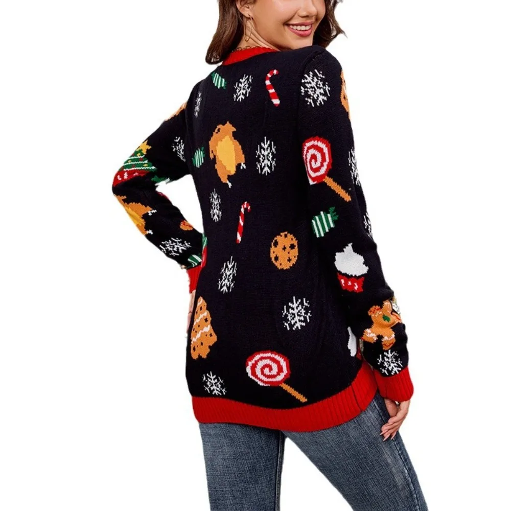 Damski sweter świąteczny Crewnwck z długim rękawem Santa Claus Pullover Sweatshirts Ugly Xmas Pattern Jacquard Knit Top