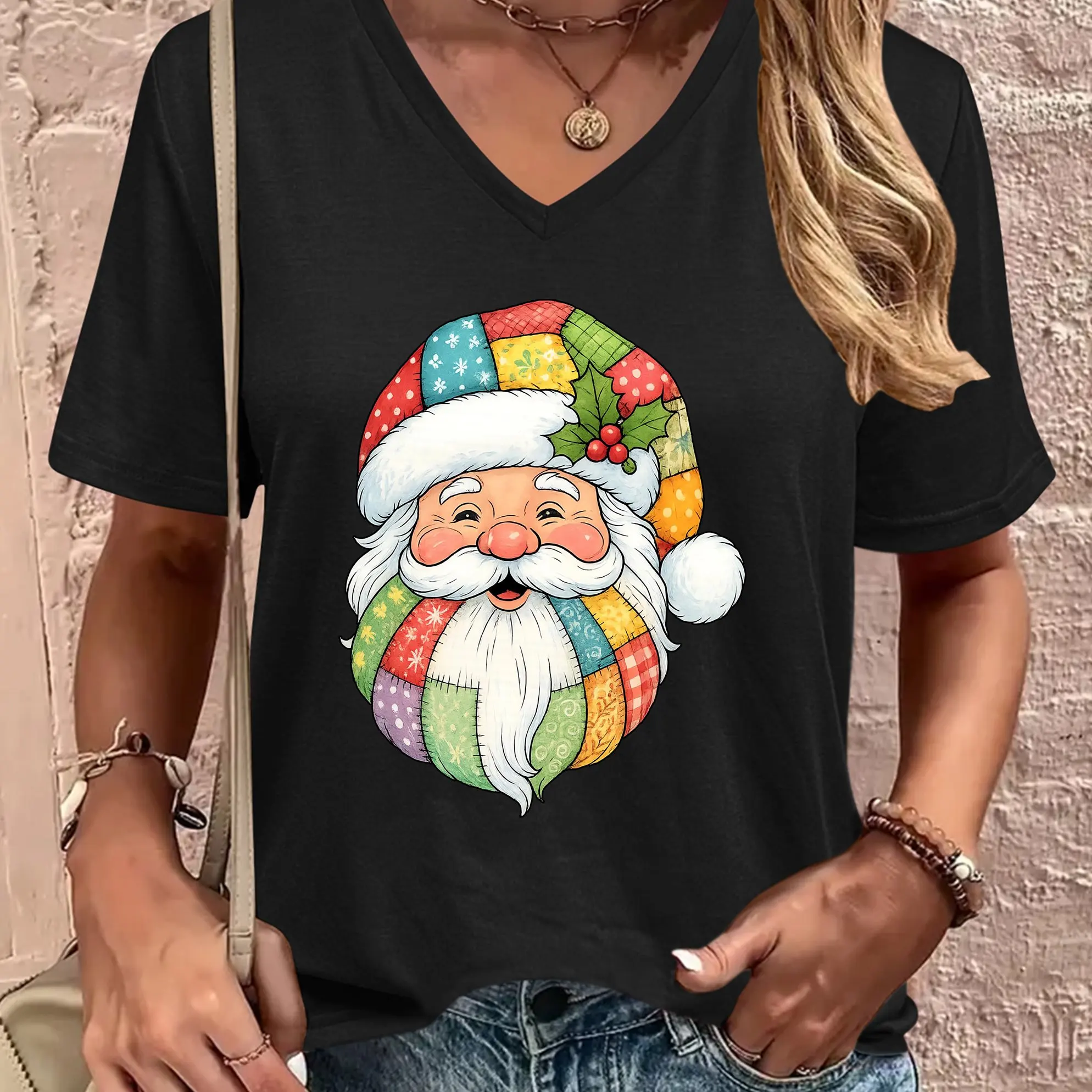 

Cute Santa Claus Printed Women T Shirt Cartoon Casual Short Sleeve V-Neck Short Sleeve Top Y2k Fashion Breathable Female Clothes