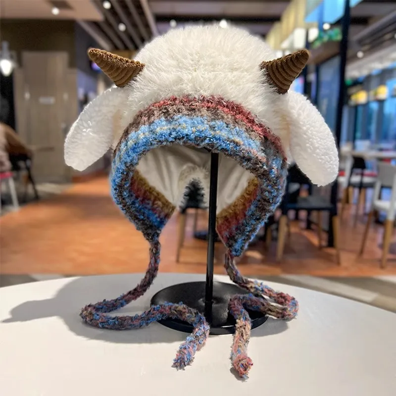 Korean Winter Cute Little Sheep Ear Hat For Women Pullover Plush Hat Versatile Outdoor Warm Ear Protection Lace up Windproof Hat