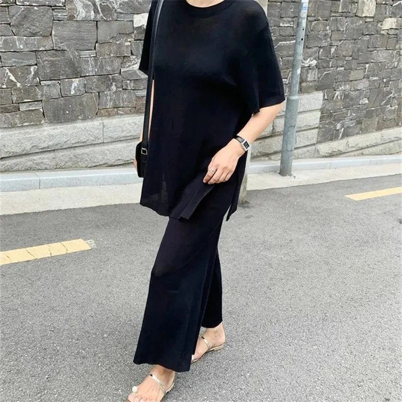 Loose Thin Elegant Knitted Pants 2 Piece Set Women Split Long Sleeve Tees Conjunto Casual Summer Wide Leg Pantalones Outfits