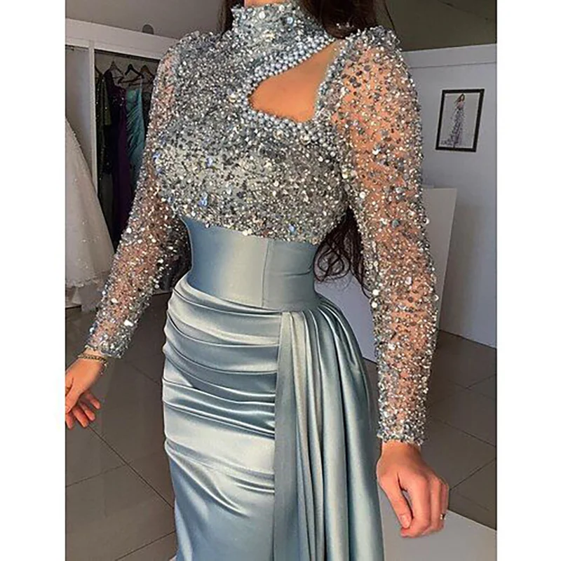 Gorgeous Beading Evening Dress for Pretty Women Long Sleevele Chapel Train High Neck Pleat Prom Gowns Special Occasion Mermaid