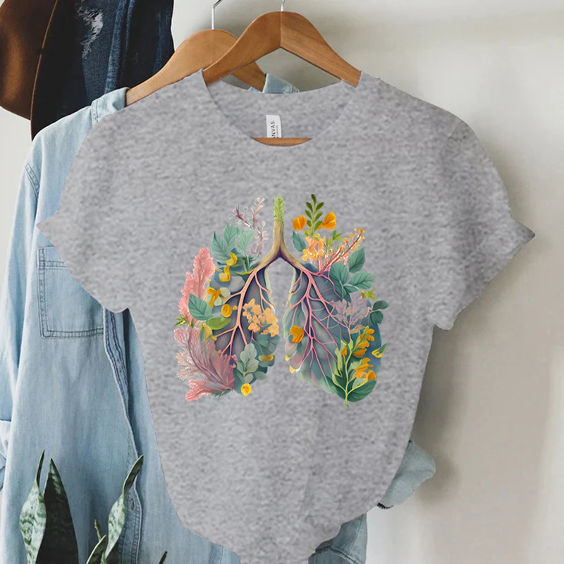 Colorful Anatomical Heart Lungs T-shirt Women Plant Floral Graphic Anatomy Tshirt Top Funny Cardiac Nurse Gift Summer Shirt 2024