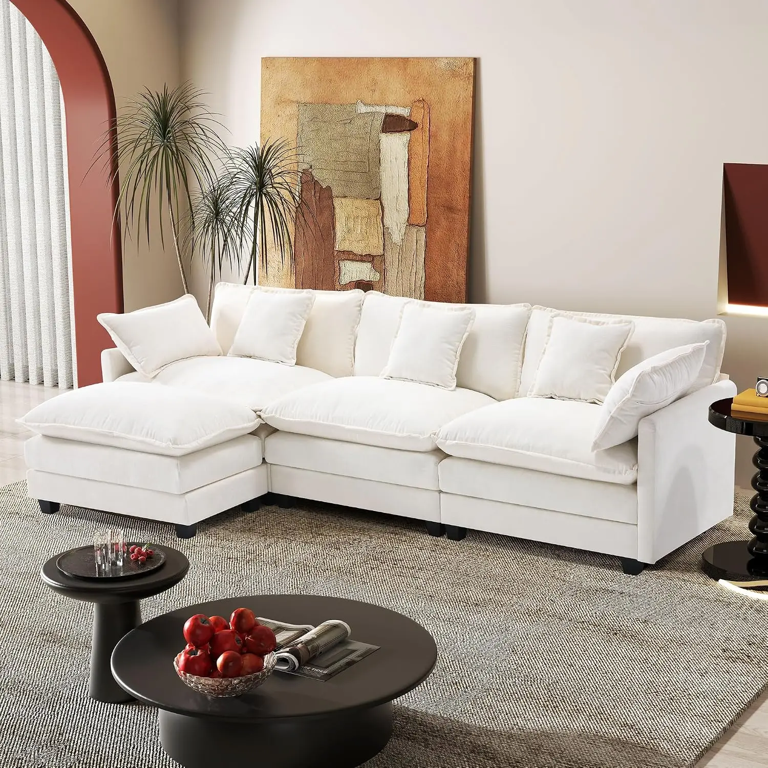 Modular Sectional Sofa,Deep Seat Chenille Fabric Couch With Pillows & Movable Ottoman For Living Room, Customized