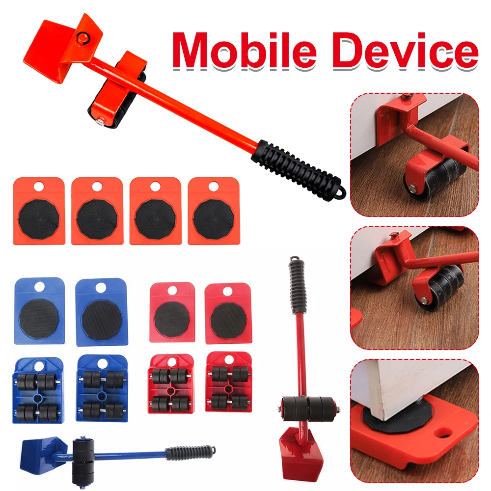 5pcs Furniture Mover Tool Transport Household Furniture Moving Lifter Heavy Object Mobile Device Metal Crowbar Handling Tools