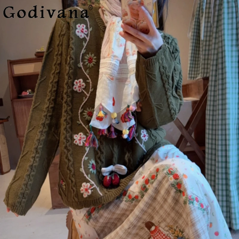 

Осенне-зимний элегантный японский вязаный крючком женский свитер ручной работы, модный свободный шерстяной вязаный топ в этническом стиле