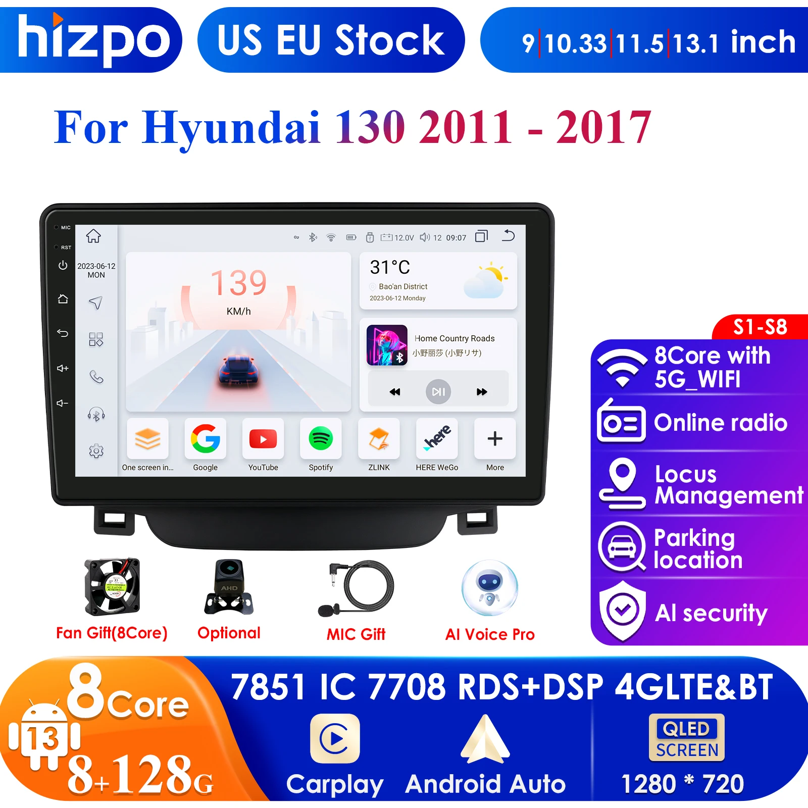 

Hizpo 4G 9'' AI Intelligent System CarPlay Android Auto Radio for Hyundai I30 I 30 Elantra GT 2011-2017 Car Multimedia Autoradio