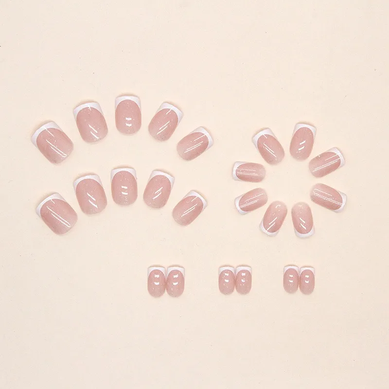 24 Pcs Winter Glued Press on Acyrlic Nails Set Medium Short Stylish Self-adhesive False Nails White French Square Cheap Nail Art