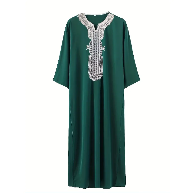 Eid Muslim Gandoura Embroidery Abaya Kaftan Vintage Robe Islamic Male Clothing Saudi Moroccan Short Sleeve Modest Jubba Thobe