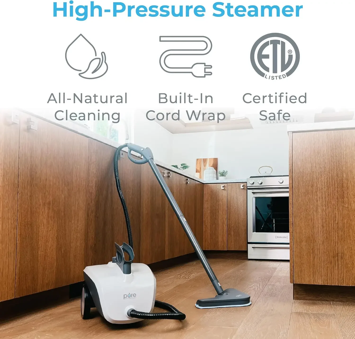 Enrichment PureClean Steam Cleaner with 17 Accessories, Multi-Purpose Household Rolling Steamer for Chemical-Free Deep Cleaning