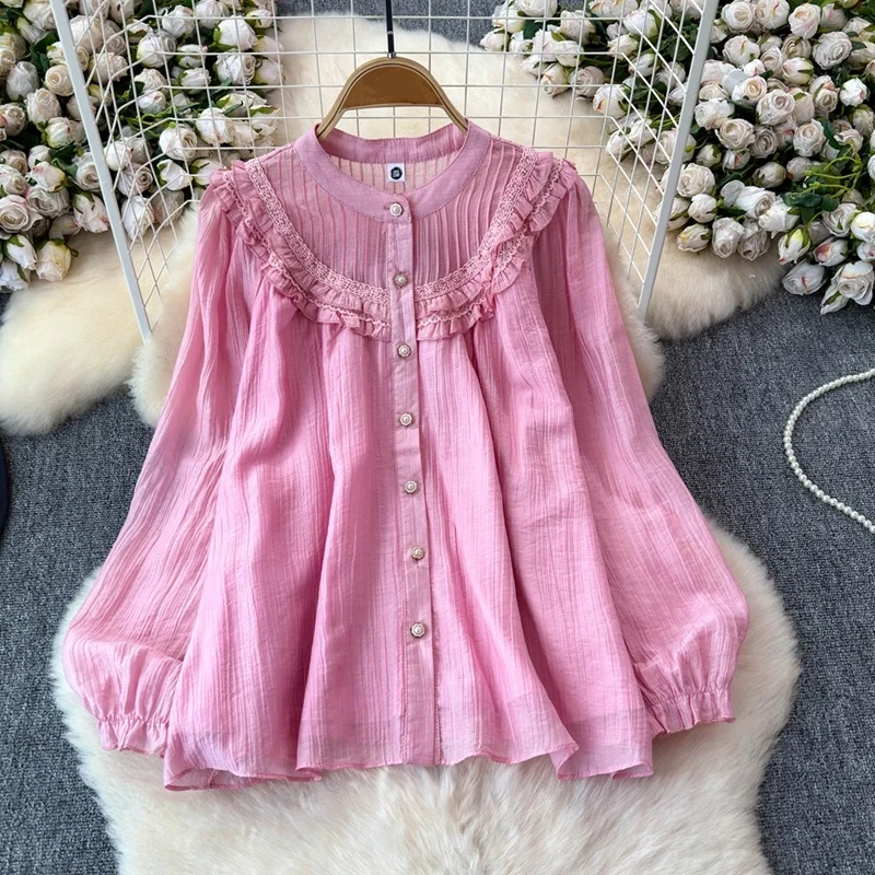 

Clothland Women Sweet Ruffled Blouse Candy Color Long Sleeve Loose Shirt Cute Casual Female Tops Blusa Mujer LB272