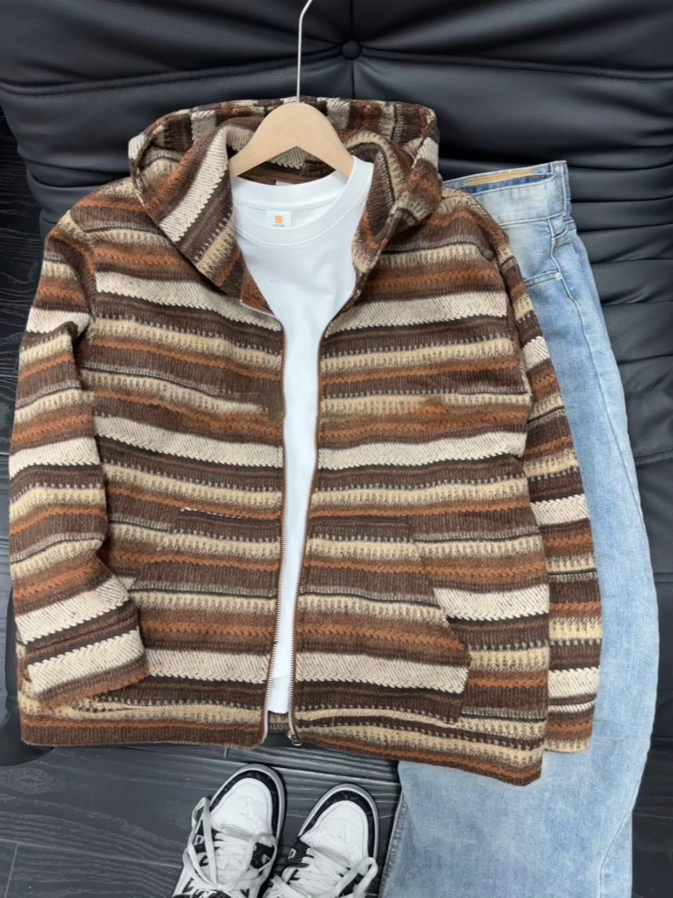 

Мужской вязаный кардиган свободного кроя в американском ретро-стиле с капюшоном, шерстяное пальто для осеннего сезона, из смесового полиэстера и хлопка, длинное