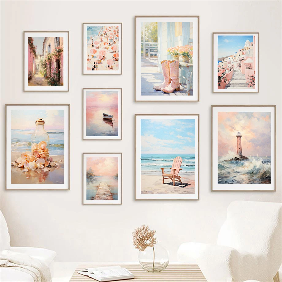 

Pink Romantic Beach Sunset Coastal City Lighthouse Impressionism Fashion Wall Art Canvas Painting Nordic Poster Room Decor