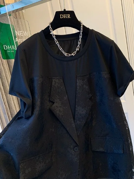 

Unique Beautiful Summer Initial Women's ort Sve T-irt Me Suit Patchwork Fake Two-Piece Casual Loose Sle Thin Material