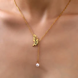 Stainless Steel Necklaces Exquisite Butterfly Wing White Imitation Pearl Pendant Collar Chain Fashion Necklace For Women Jewelry