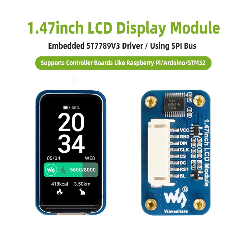 1.47 Inch LCD Display Module for Raspberry Pi 4 3 Zero Pico 172x320 IPS Screen ST7789V3 Driver SPI Interface for Arduino STM32