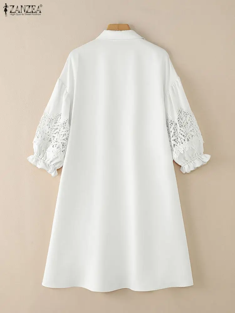 2026 ZANZEA Estate Del Merletto Crochet Vestito Estivo Delle Donne Alla Moda Camicia Ricamata Vestito Manica 3/4 Mini Vestito di Lavoro D'ufficio Abiti Robe