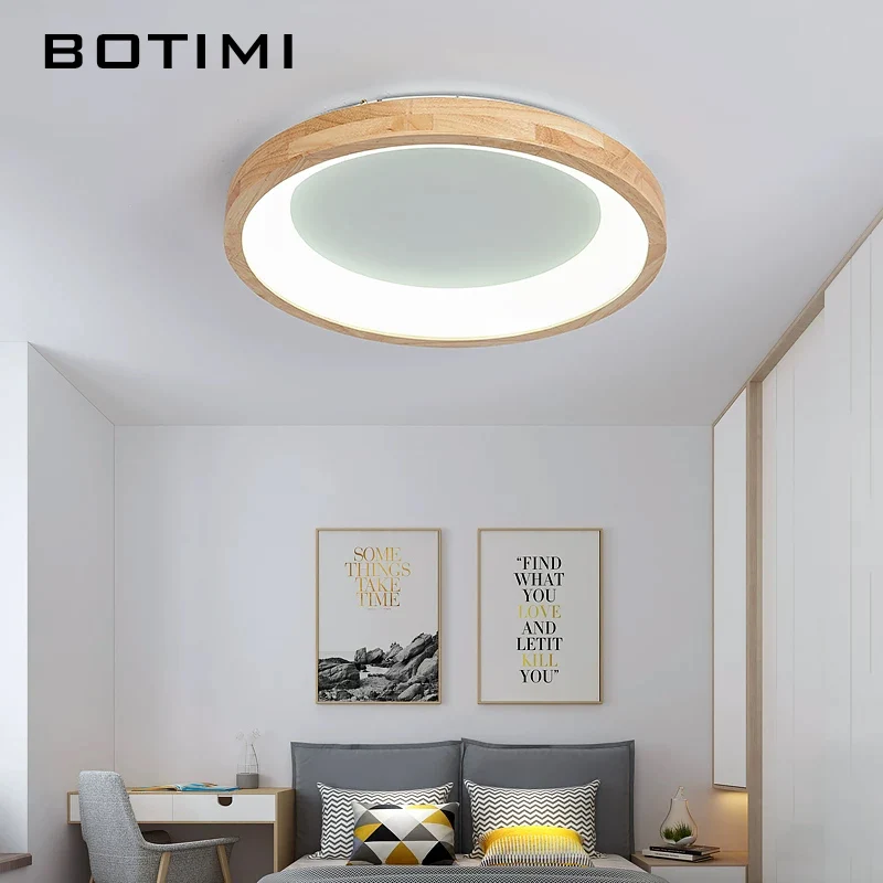 

BOTIMI Dimmable Round Solid Wood LED Ceiling Light For Living Room Modern Wooden Surface Mounted Bedroom Lighting