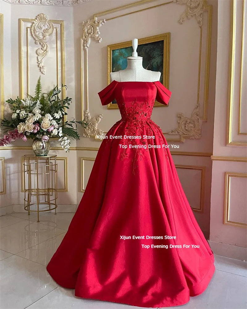 Xijun Gogerous Red Satin Long Evening Dresses Off The Shoulder Beads Sequined Prom Dresses A-Line Saudi Arabric Prom Gowns 2024