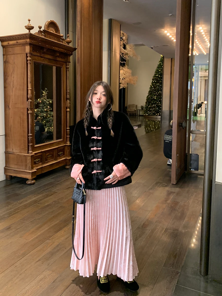 

New Winter Women's Bla Fur Jaet Chinese Sle Design ort Coat Commute Sle Pure Color Long Sve Button up Straight Cut