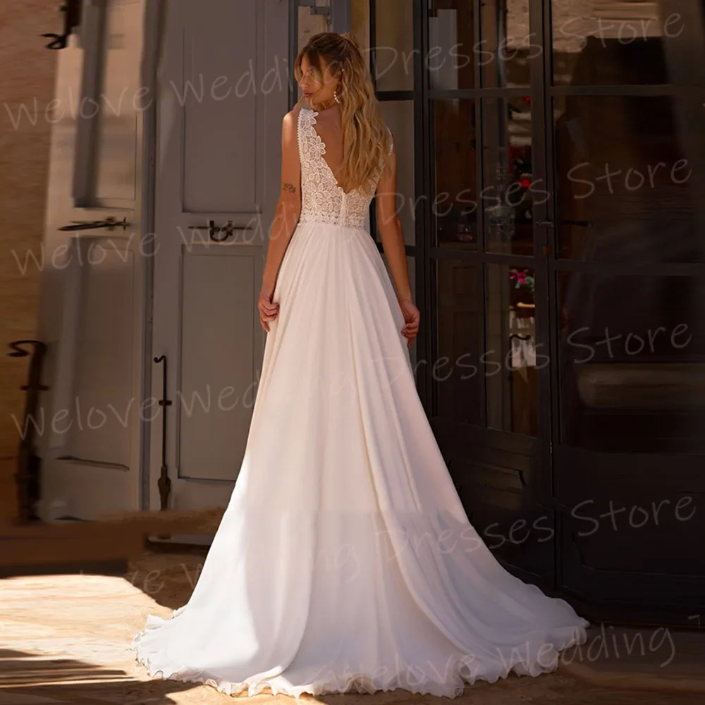 Elegant A Line ชุดแต่งงานของผู้หญิง V คอ Vestidos De Novia แขนกุดที่กําหนดเองชุดเจ้าสาวลูกไม้ Appliques Vestidos Boda