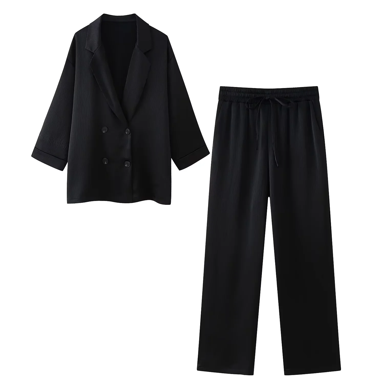 Spring Summer Women's Double-Breasted Blazer and Elastic Waist Wide Leg Pants Two Piece Sets Female Casual Loose Homewear Suits