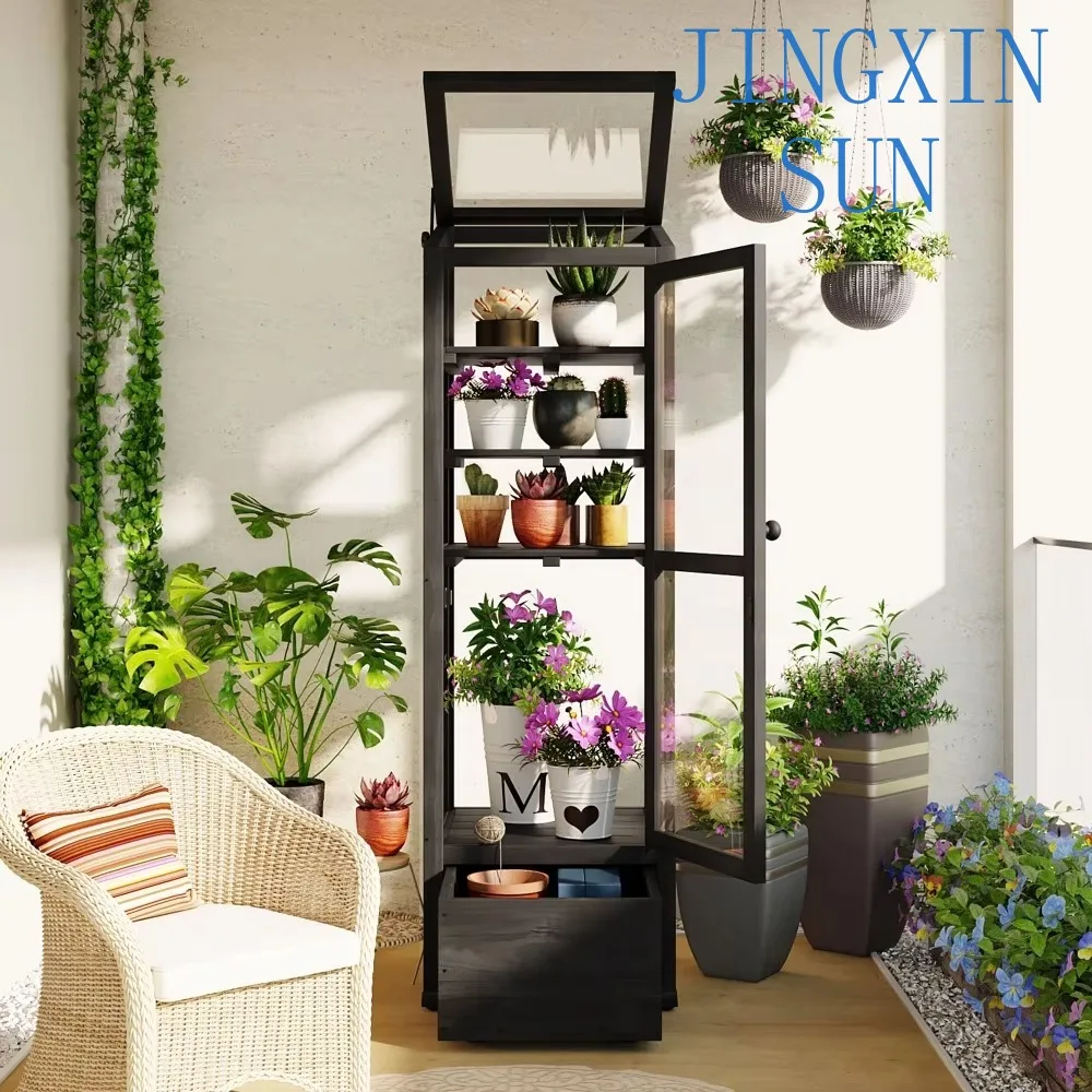 62.4 tall black wood garden greenhouse balcony portable mini cold frame removable outdoor storage box adjustable shelf