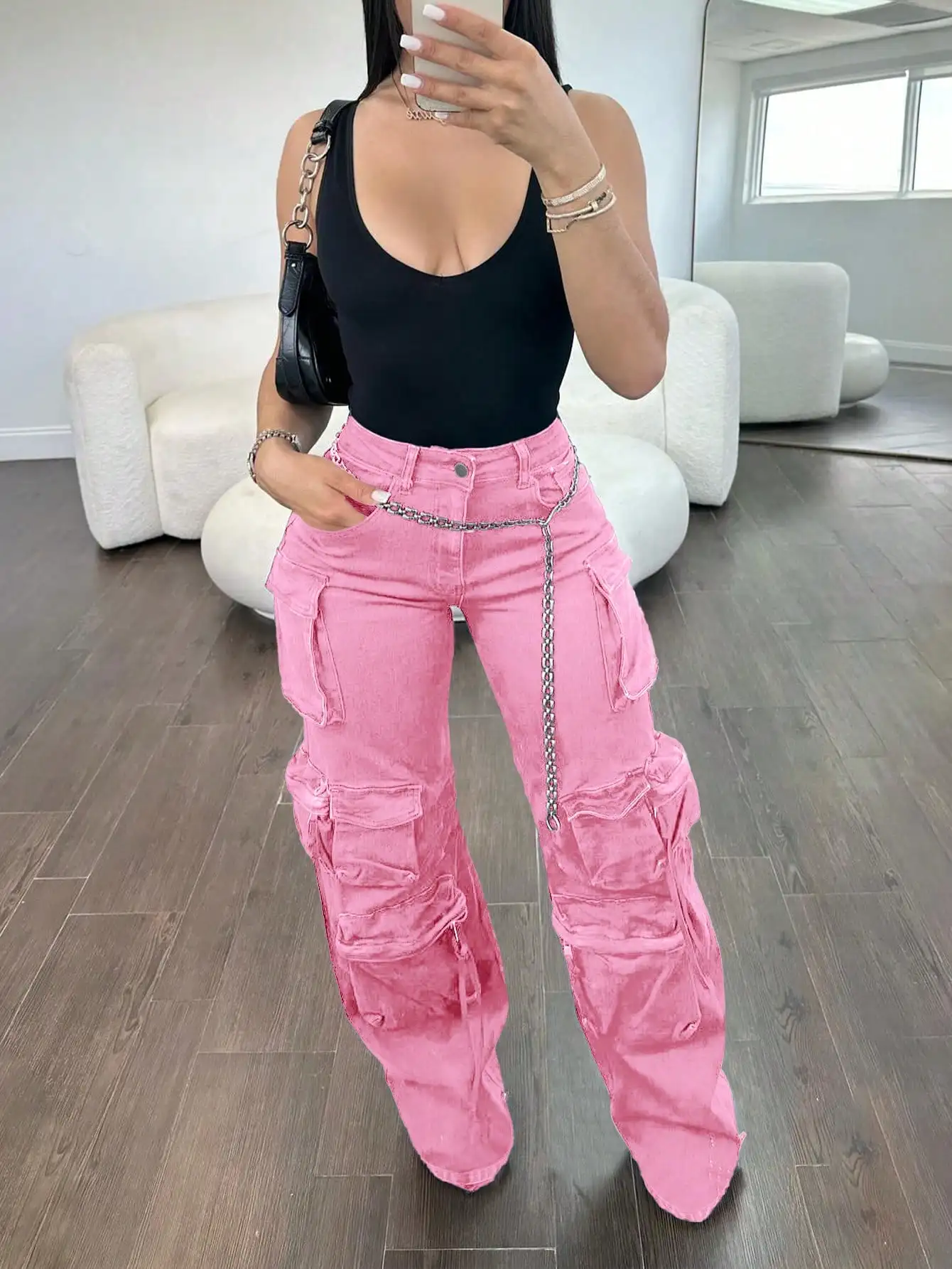 

Women's Millennium Style High-waisted Wide-leg Workwear Jeans with Elastic Strap Pockets and Retro Straight-leg Pants for Women