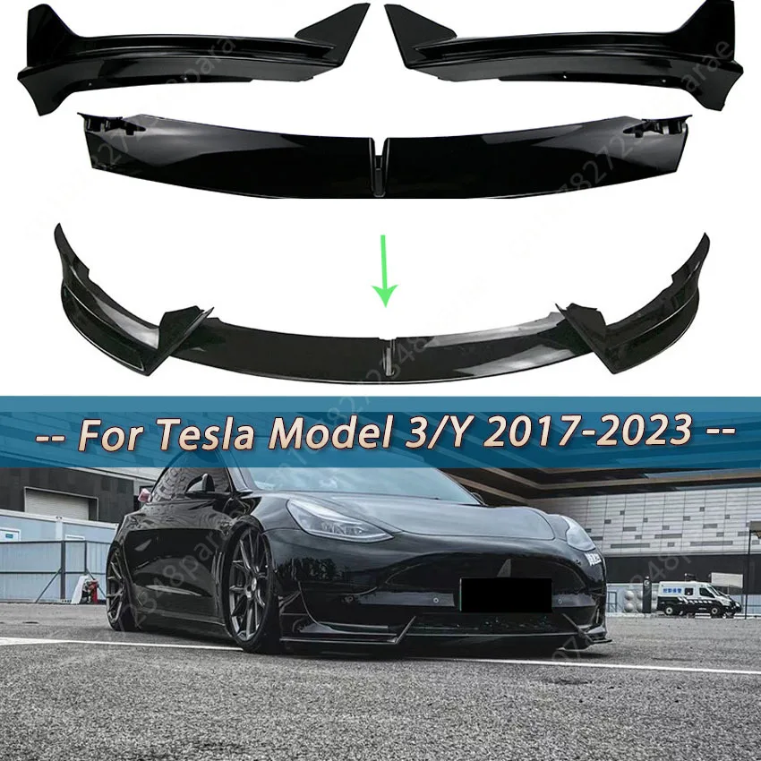 

For Tesla Model 3 Y 2017- 2023 3Pcs Black/Carbon Look Front Bumper Lip Chin Diffuser Body Kit Spoiler Deflector Accessories