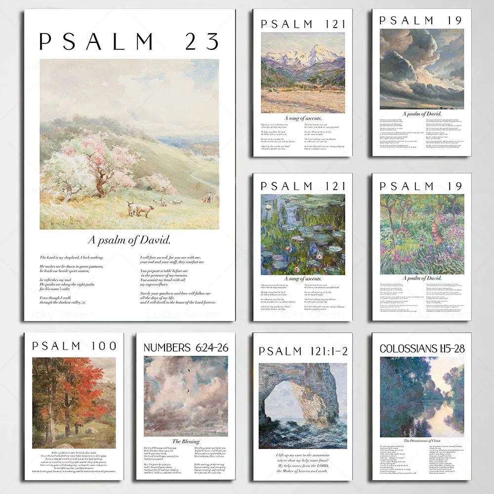 Scripture Psalm Collection Monet Van Gogh Famous Watercolor Painting Print Bible Verse Canvas Poster Christian Home Wall Decor