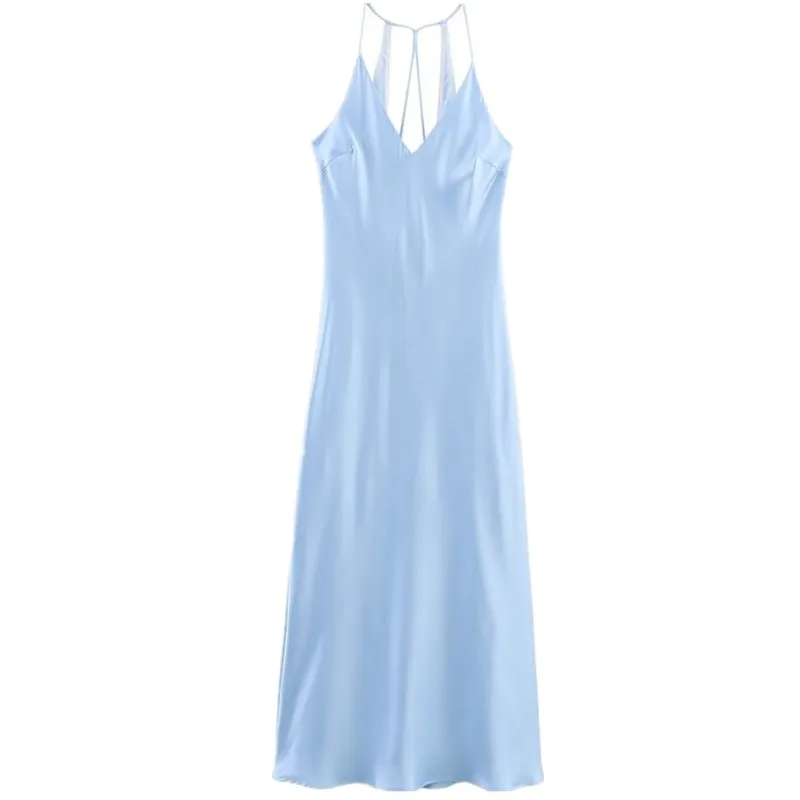 فستان ميدي نسائي جديد لصيف 2025، مصنوع من حرير الساتان، بدون حمالات، بتصميم أنيق للتنقل اليومي، بدون أكمام، مصنوع من مواد أخر...