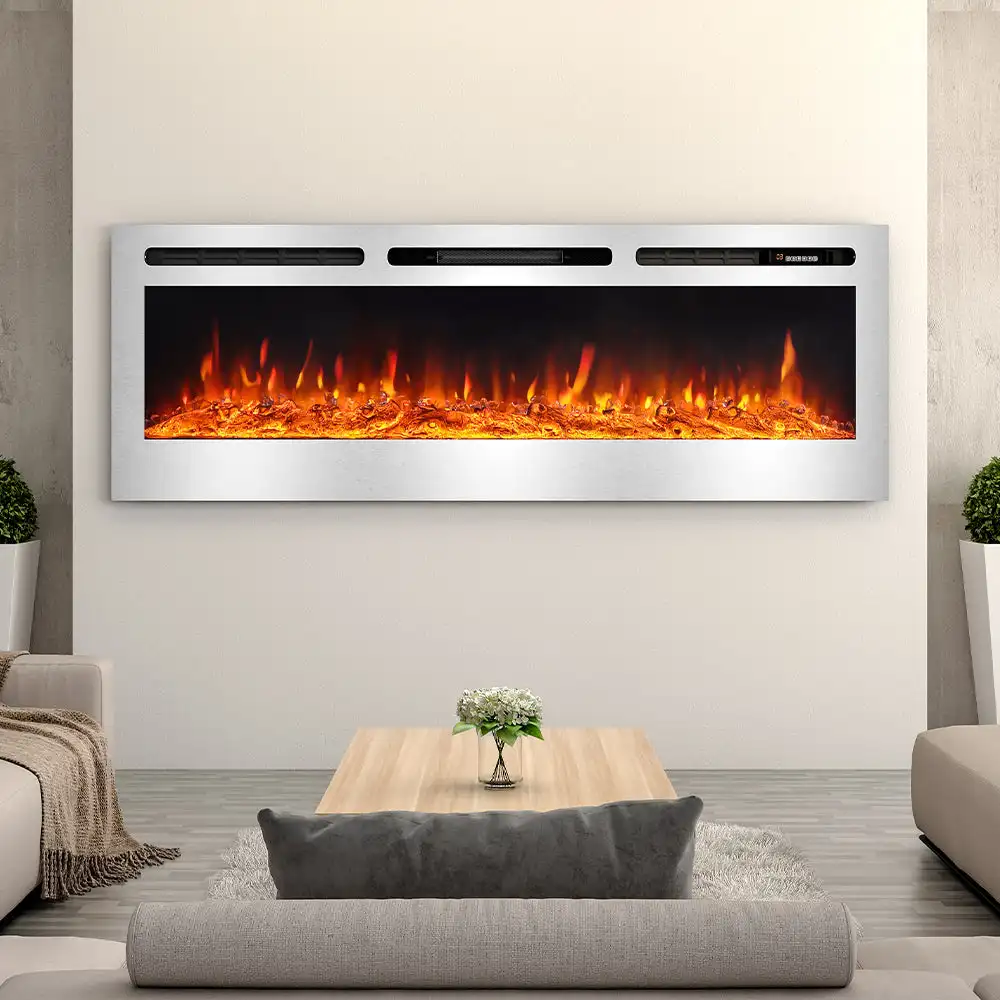 LED Electric Wall Mounted Fireplace Recessed Fire Heater 12 Flames With Remote, Silver 60inch